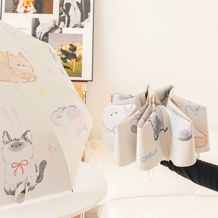 Women Folding Umbrella with Lovely Animal Illustrations Kalsten