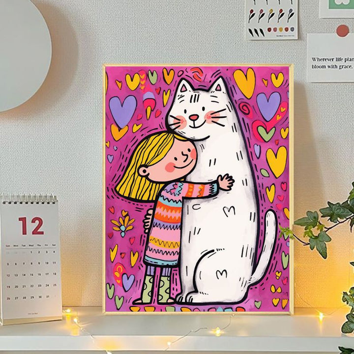 Playful Cat and Girl Illustration Canvas Art Kalsten
