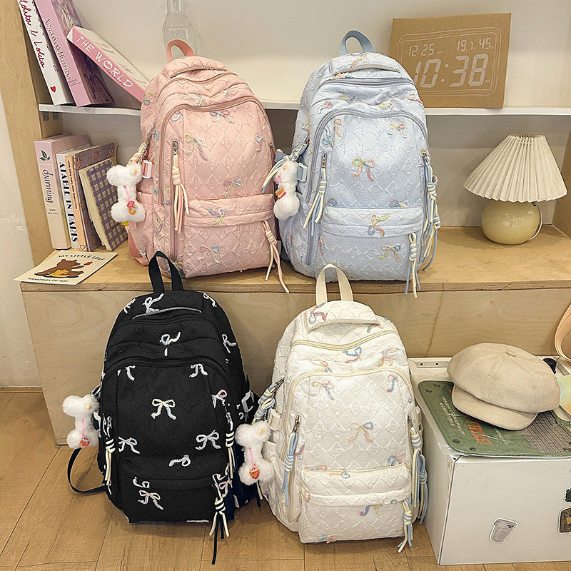 Quilted Embroidered Bow-Design Backpack Kalsten