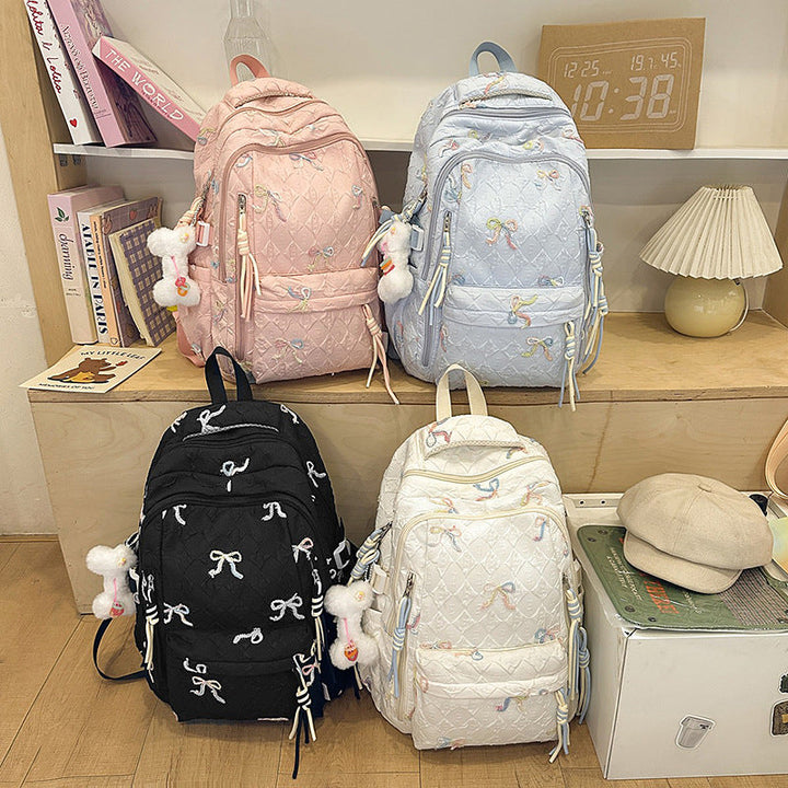 Quilted Embroidered Bow-Design Backpack Kalsten