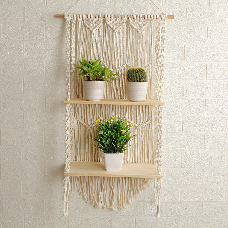Decorative Wall-Mounted Macrame Shelf with Natural Wooden Accents Acalora