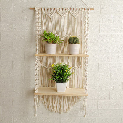 Decorative Wall-Mounted Macrame Shelf with Natural Wooden Accents Acalora