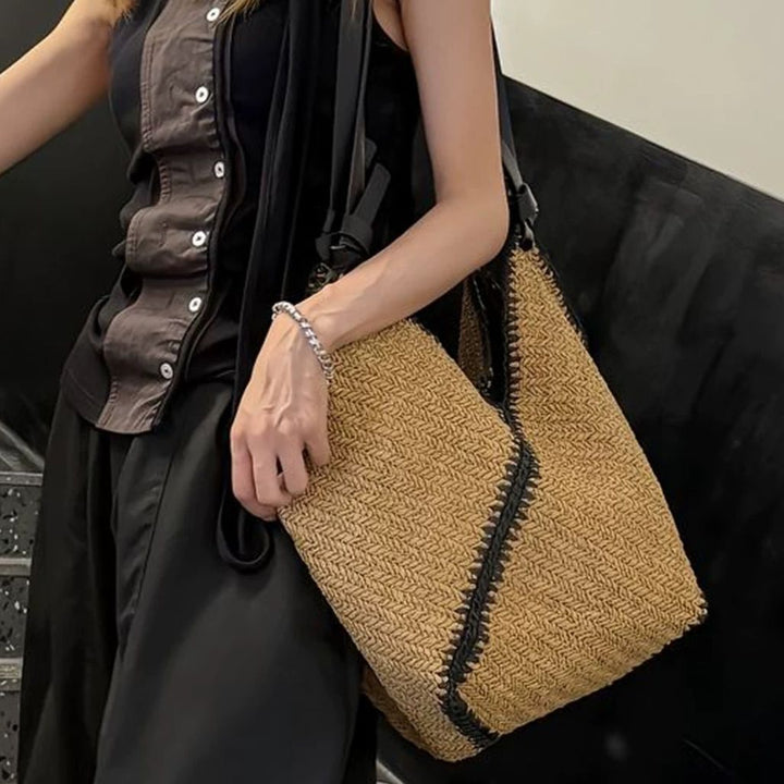 Braided Natural Material Handbag with Black Drawstring Kalsten