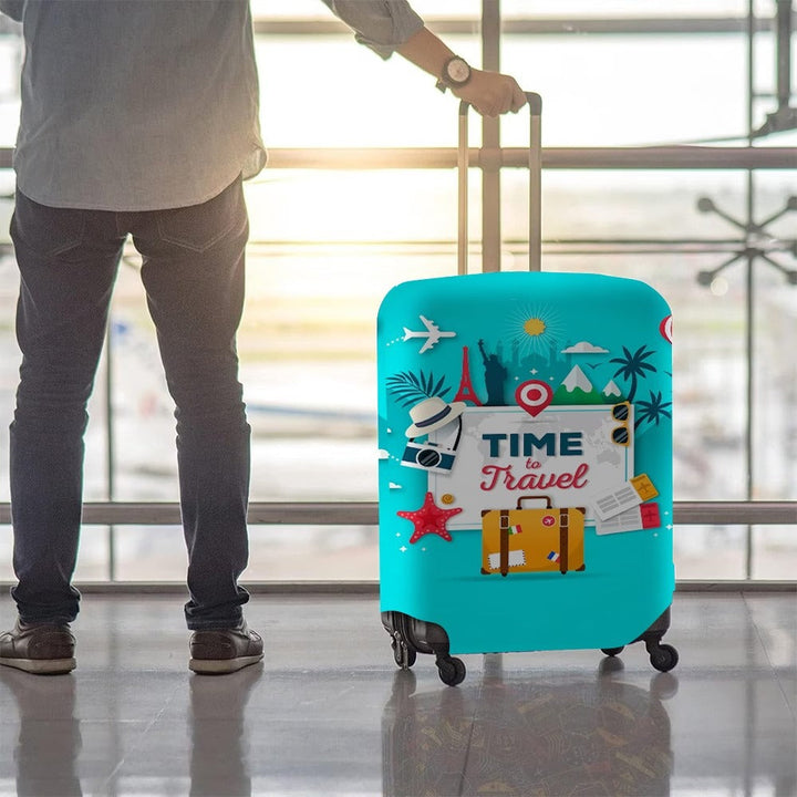 Unisex nan elastic motive suitcase protection in retro travel poster design with zipper and anti-slip attachment for spinner trolleys Kalsten