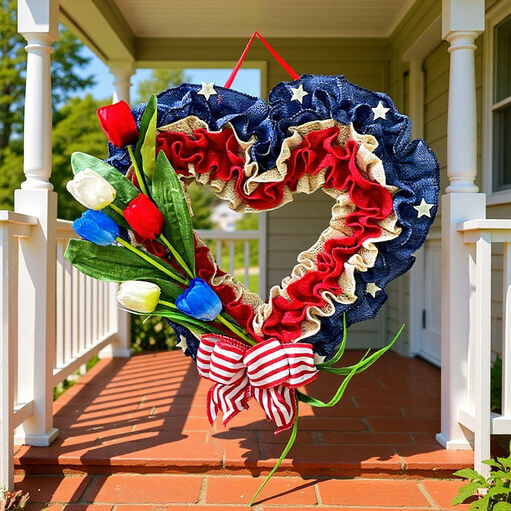 Unisex heart-shaped door wreath made of jute with star embellishments and artificial tulips Kalsten