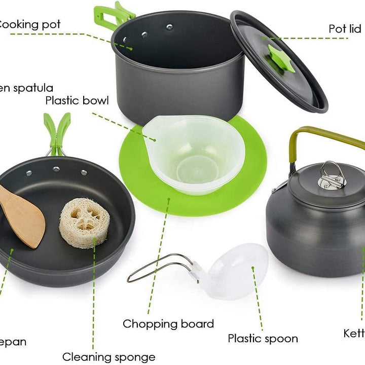 lightweight non-stick camping cookware set with folding handles kettle pot pan utensils and mesh carry bag Kalsten