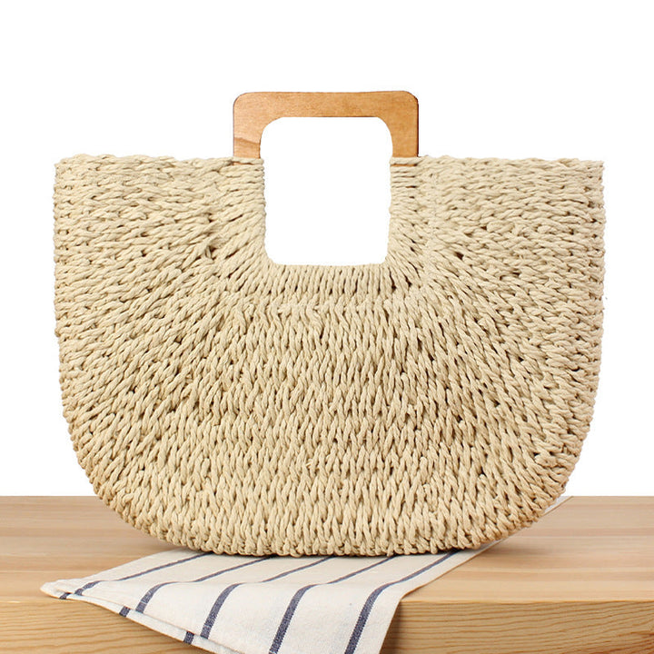 Handcrafted straw bag with wooden handle Kalsten