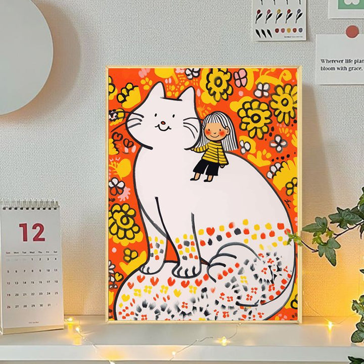 Playful Cat and Girl Illustration Canvas Art Kalsten