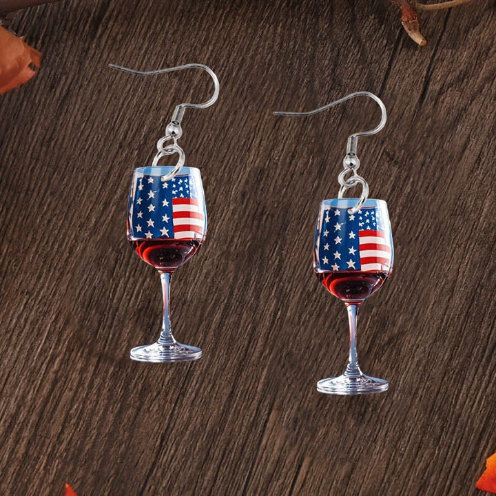 Women's nan novelty wine glass dangle earrings with patriotic American flag enamel Kalsten