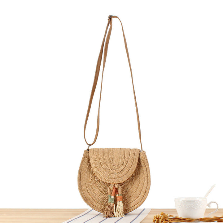 Round Bast Crossbody Bag with Tassels by Kalsten