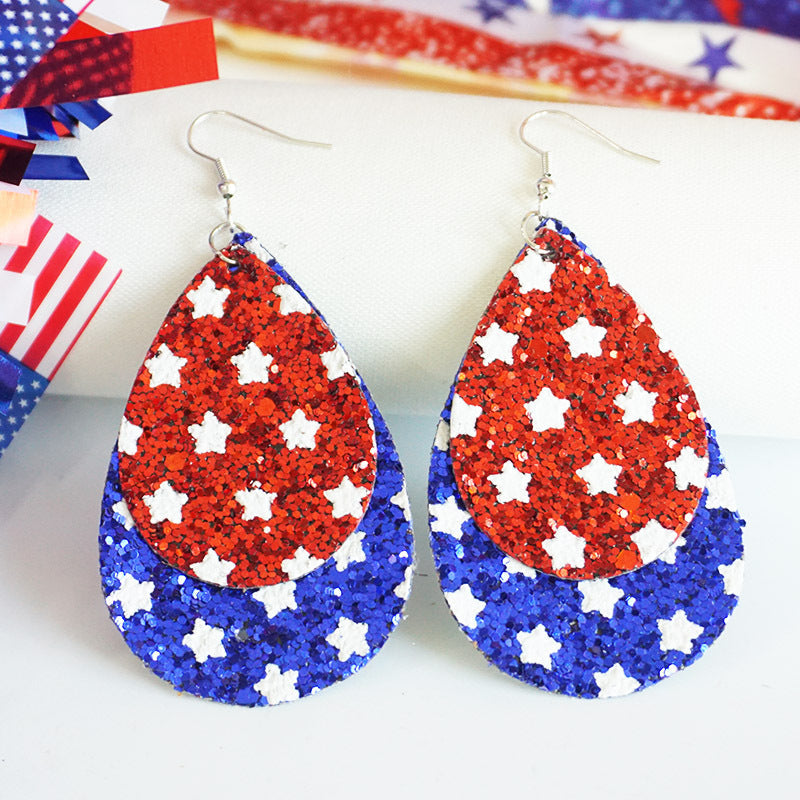 Women's patriotic drop earrings made of faux leather with glitter stars and the inscription Kalsten