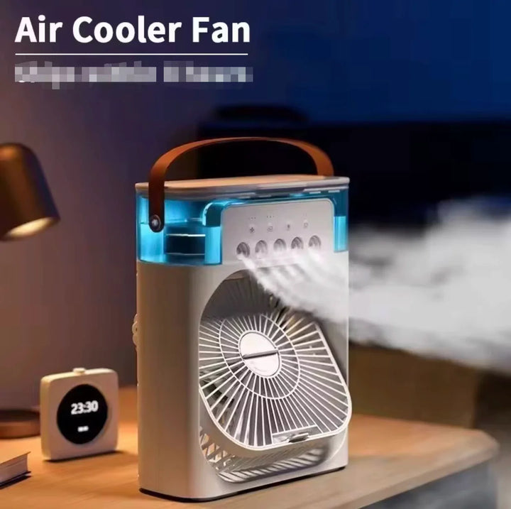 Unisex one-size portable USB humidifying fan with three speed settings and seven-color LED lighting