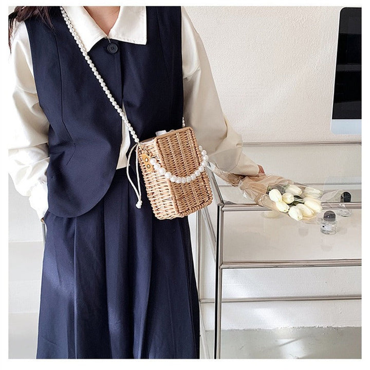 Women's Trendy Basket Bag with Pearl Chain Kalsten