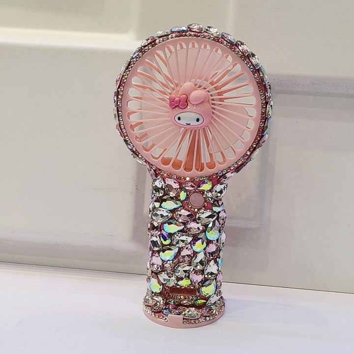 Women's portable hand fan rechargeable with rhinestone accents and cat emblem Kalsten