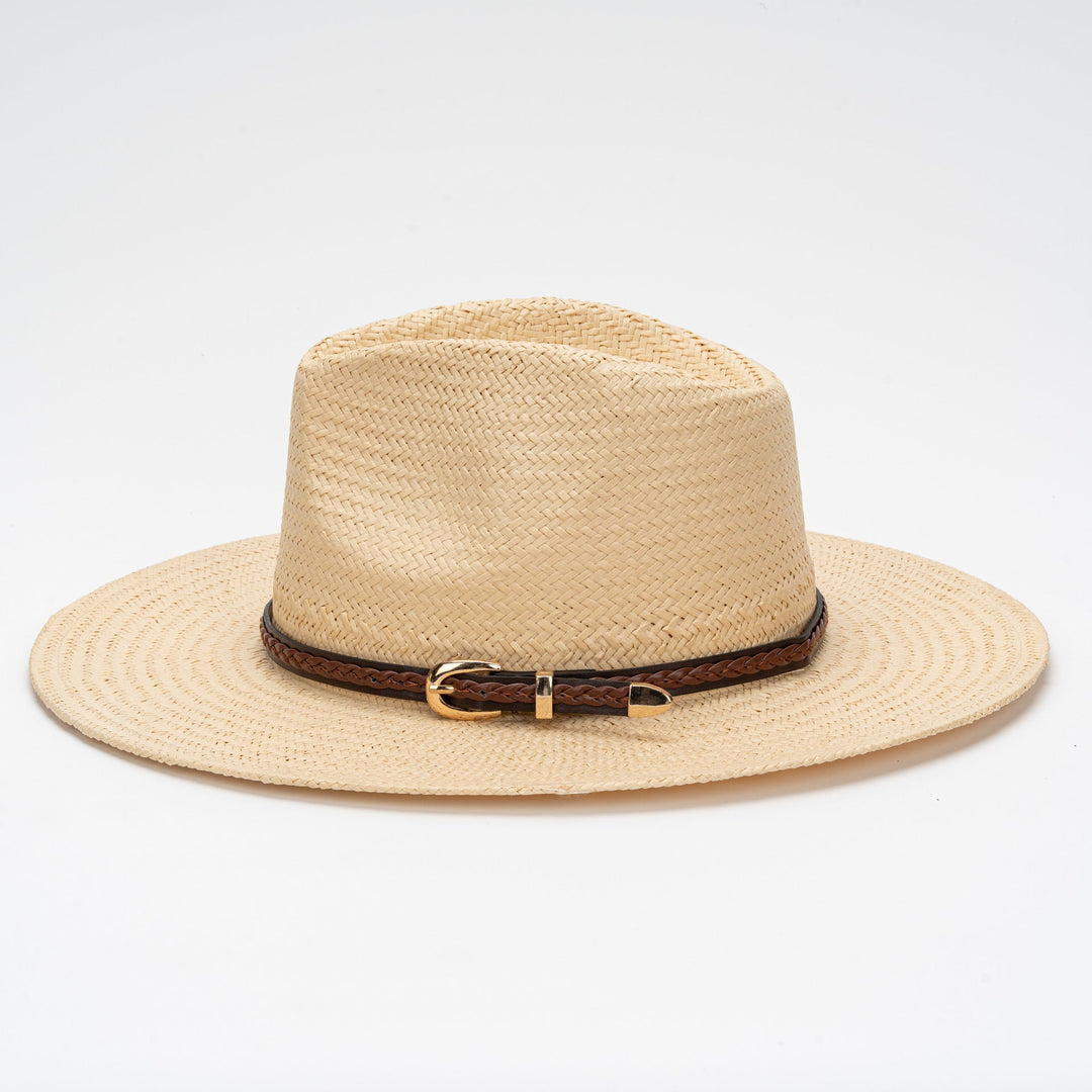 Straw Flat Brim Hat with Leather Trim | Kalsten