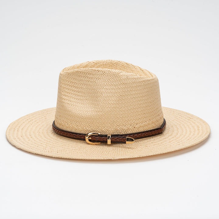 Straw Flat Brim Hat with Leather Trim | Kalsten