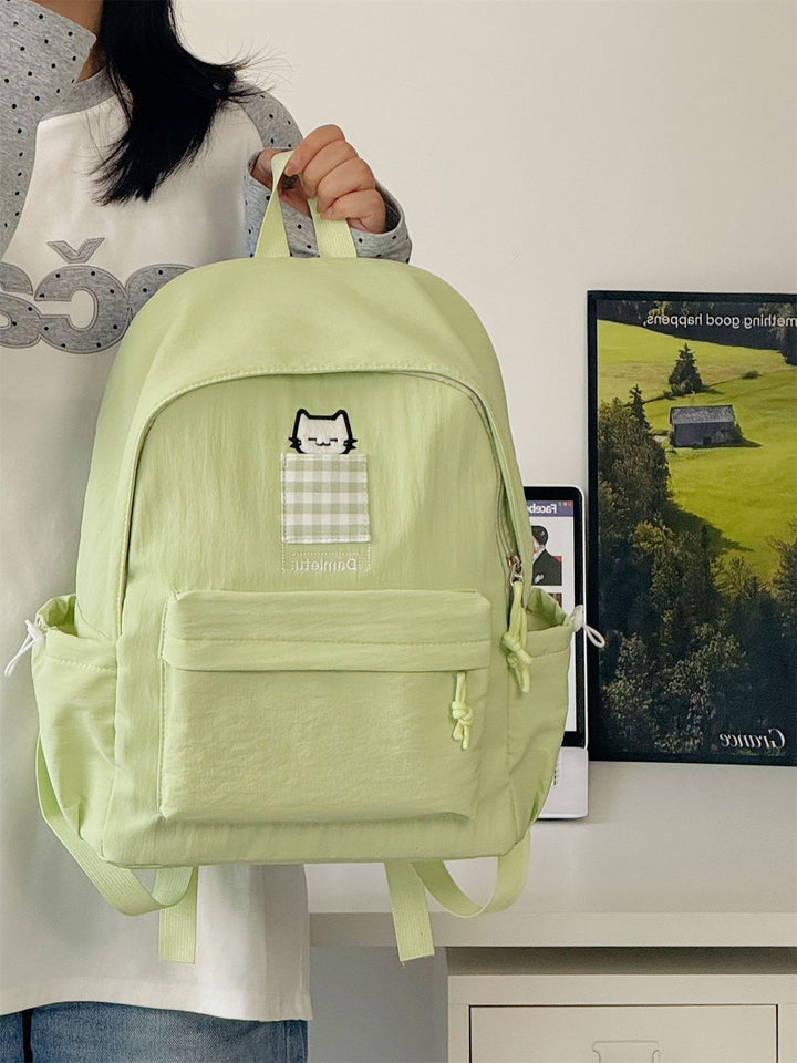 Cat-Embroidered Compact School Backpack