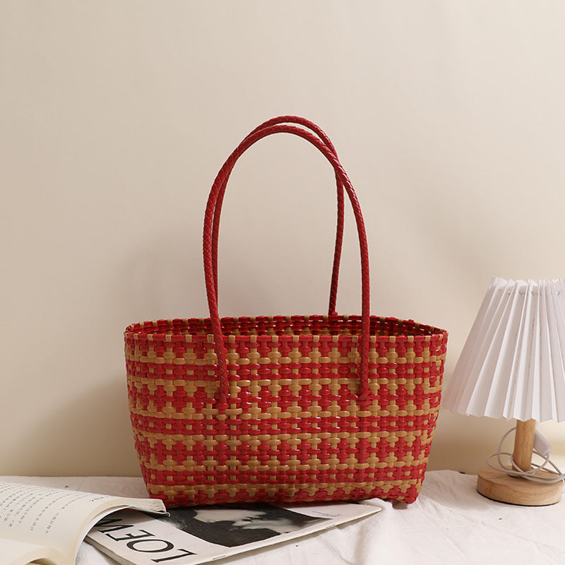 Braided straw bag with color-contrasting stripes Kalsten