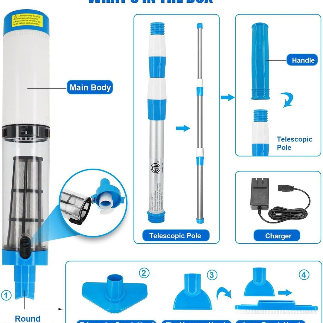 Rechargeable handheld pool vacuum kit with interchangeable brush heads and telescopic pole Kalsten