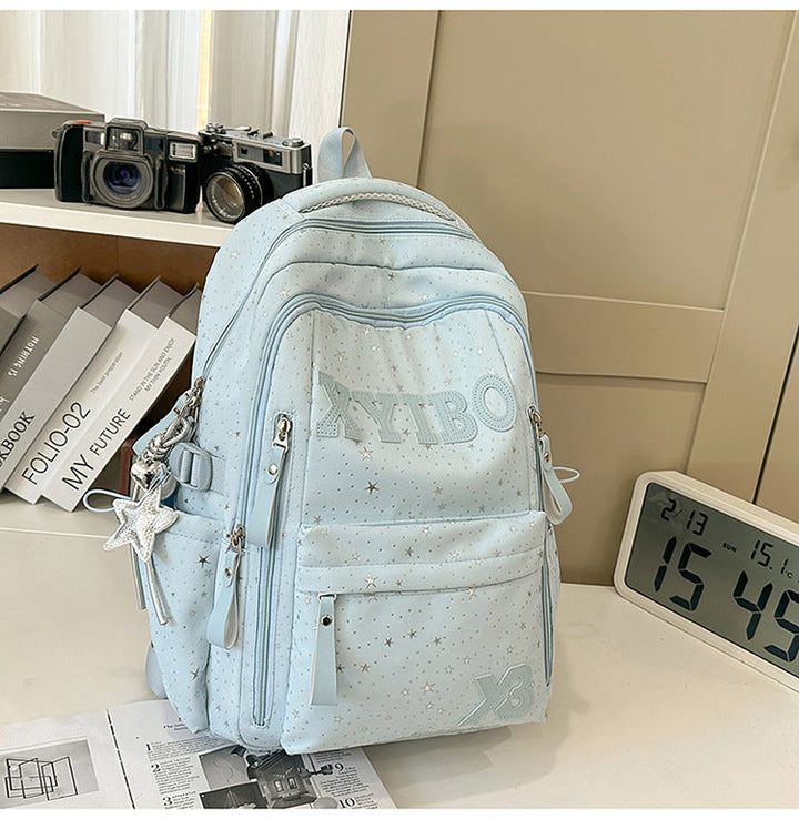 Multi-Pocket Star-Embellished School Backpack