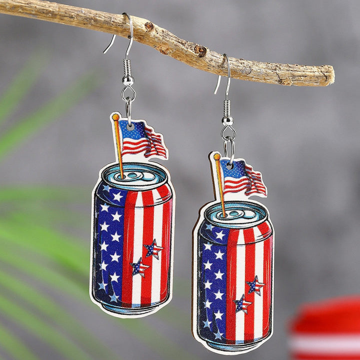 Ladies' lightweight wooden earrings in airplane jet design with patriotic motif and hypoallergenic fish hook Kalsten