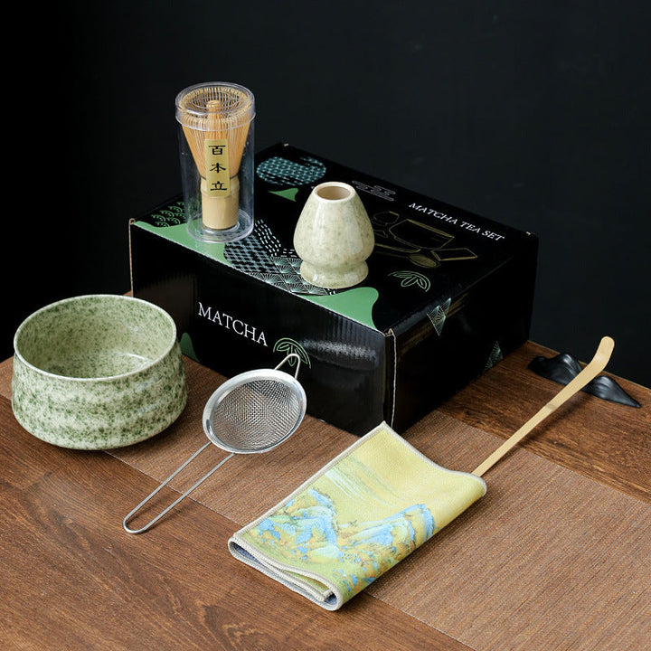 Traditional Japanese-Style Ceramic Matcha Tea Set With Bamboo Chasen Whisk Porcelain Matcha Bowl Brass Chashaku Scoop And Ceramic Whisk Holder