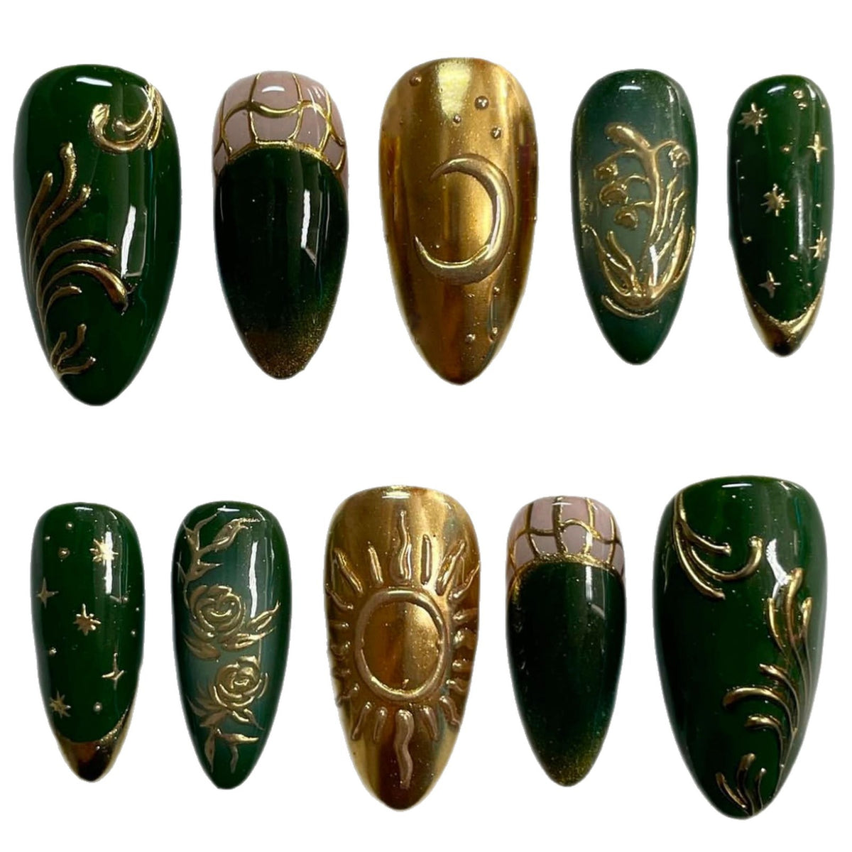 Artistic Press-On Nail Art Set with Celestial and Floral Designs Acalora