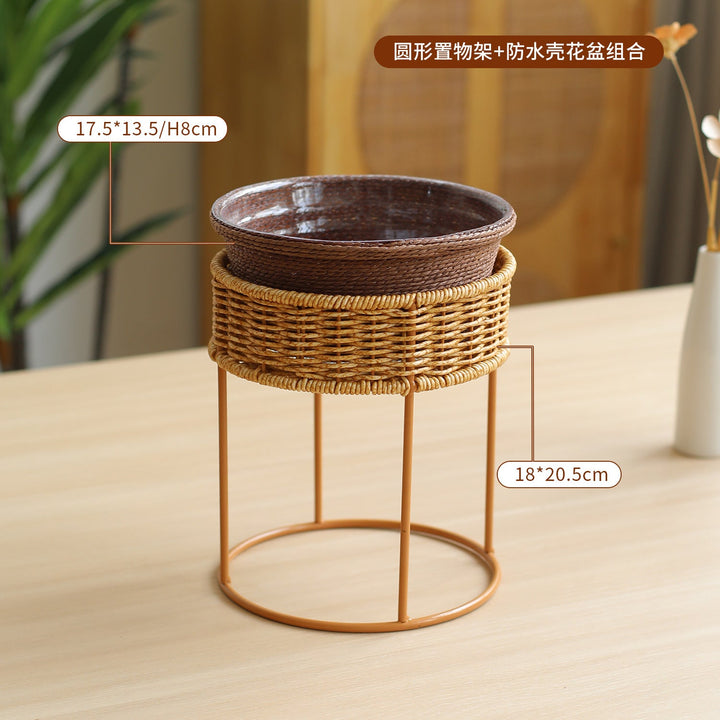 Unisex Modern Plant Stand with Woven Basket and Metal Frame Kalsten