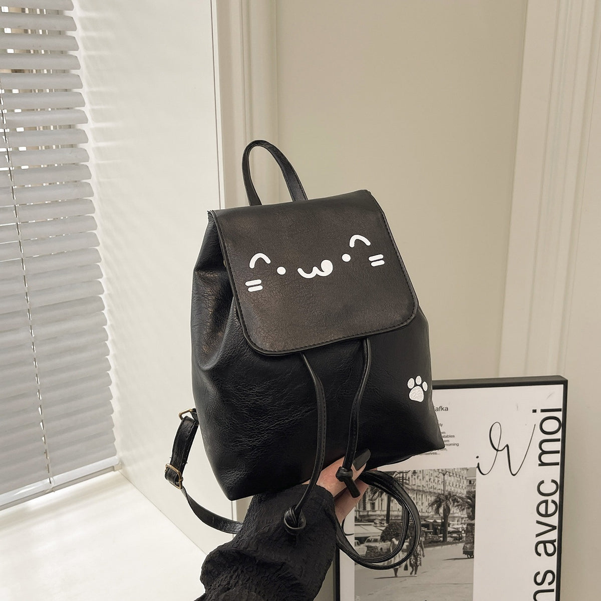 Cute Cat-Themed Faux Leather Backpack Acalora