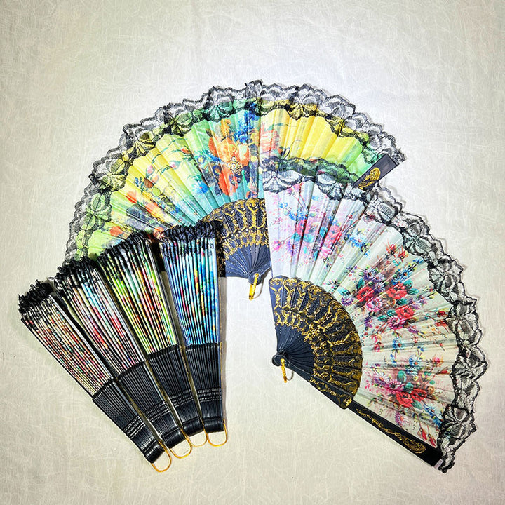 Ladies Elegant Hand Fan with Floral Design and Lace Edges Kalsten