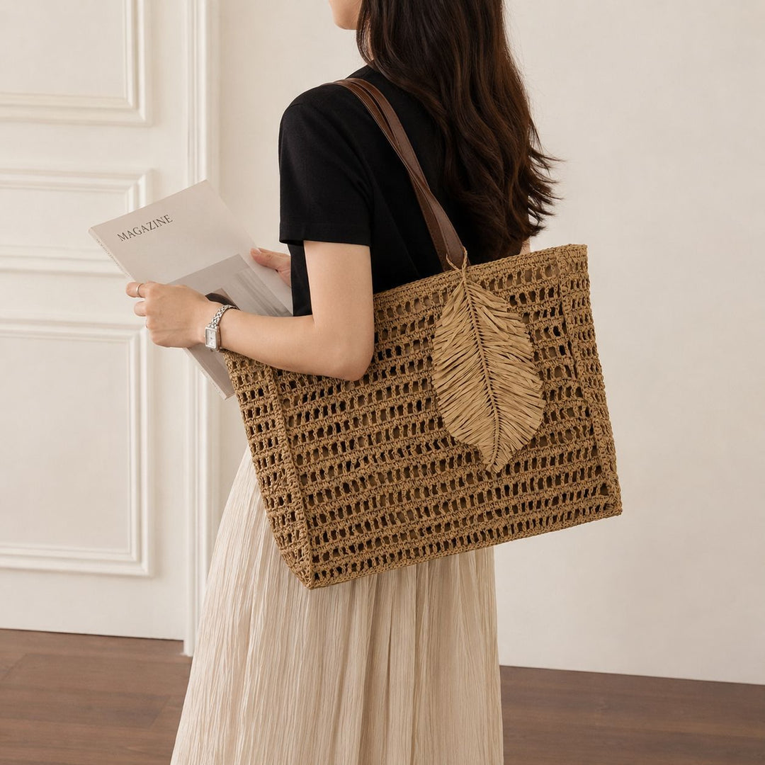 Macramé Beach Bag with Leather Accents Kalsten