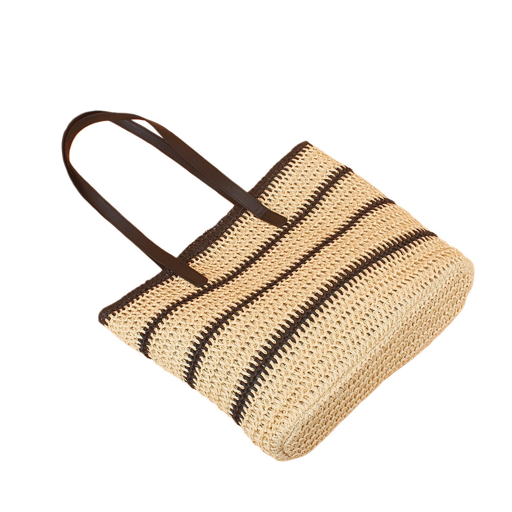 Trendy Beach Bag Made of Woven Straw with Elegant Leather Handles Kalsten