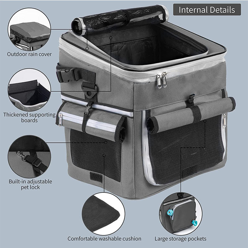 expandable front bike pet carrier basket with dual-access roll-top canopy and organizer pockets Kalsten