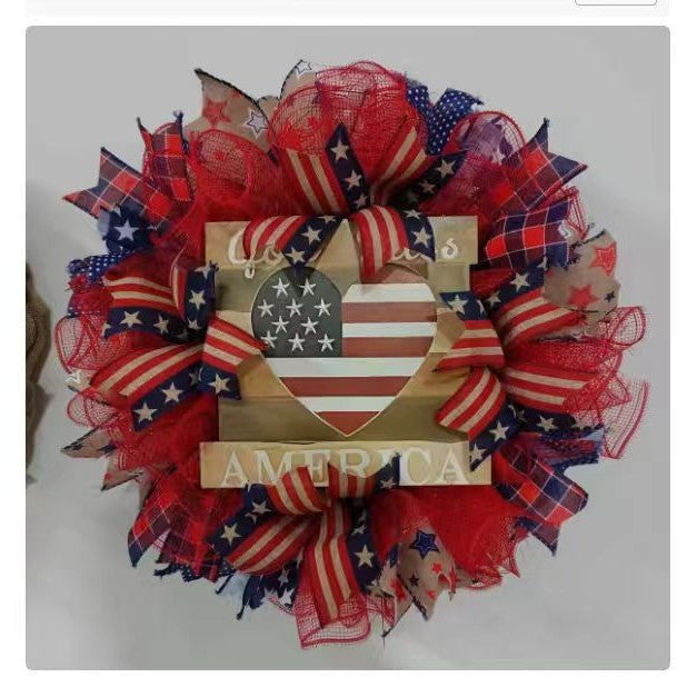 Unisex nan Patriotic Americana Heart Flag Wreath with Ribbon Mesh, Wooden Heart Cutout and Star Accent Bowlsift Kalsten