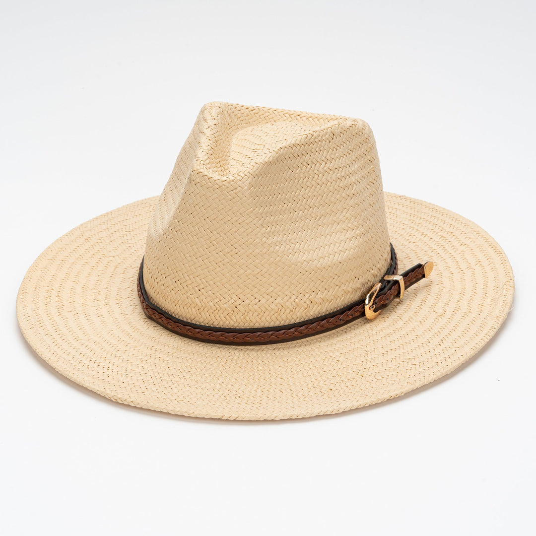 Straw Flat Brim Hat with Leather Trim | Kalsten