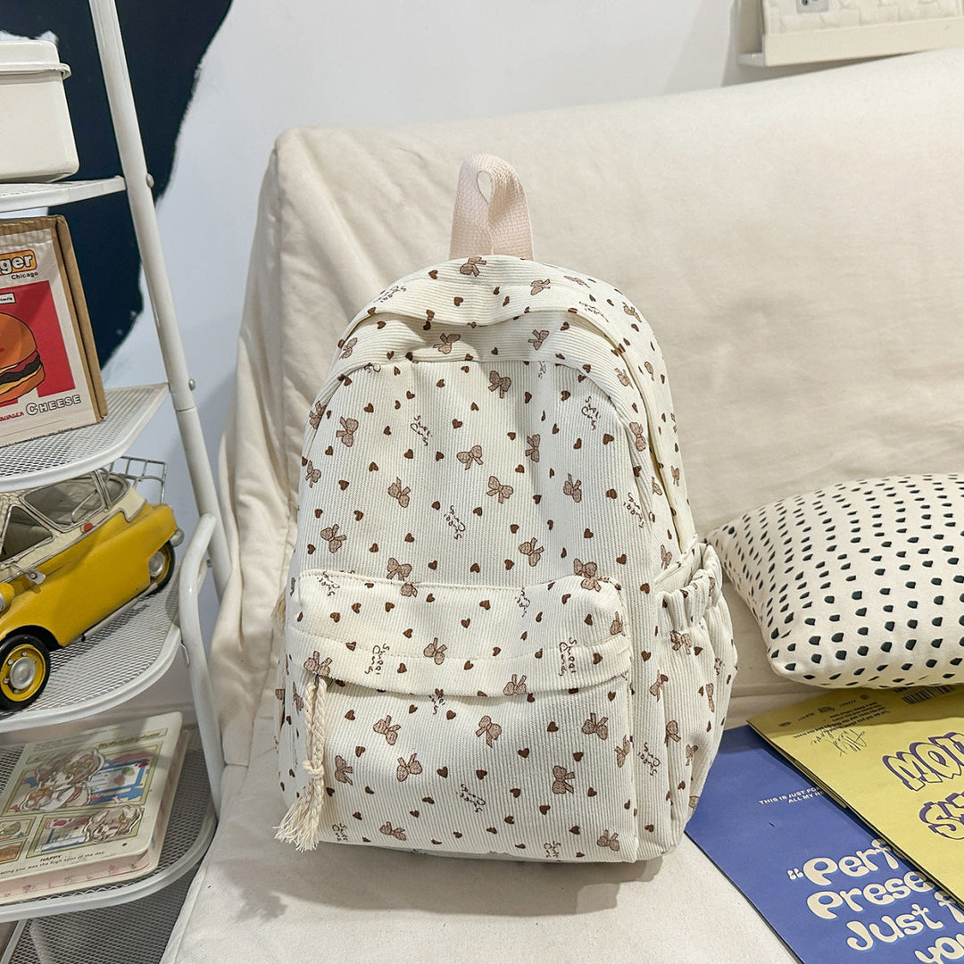 Textured Corduroy Backpack with Heart Pattern