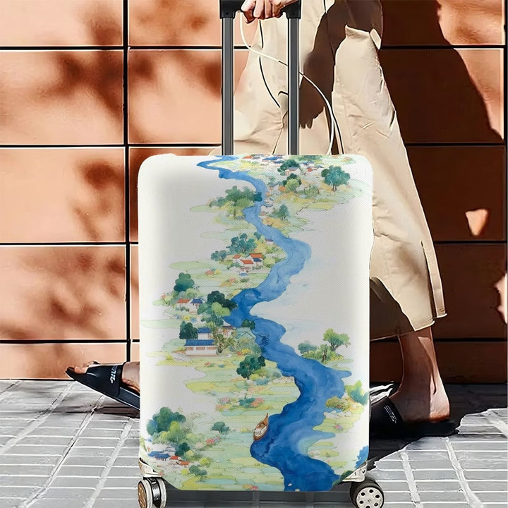 Unisex nan elastic suitcase cover with detailed river and village illustration print, tear-resistant stretch protection for hard shell and fabric trolley Kalsten