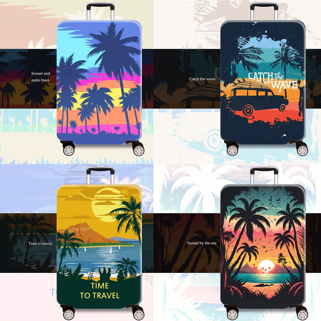 Unisex hard shell trolley printed with tropical sunset design, four wheels, expandable and lightweight, integrated combination lock Kalsten