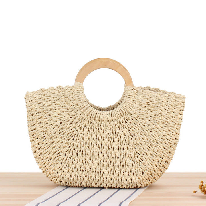 Braided raffia bag with round wooden handles Kalsten