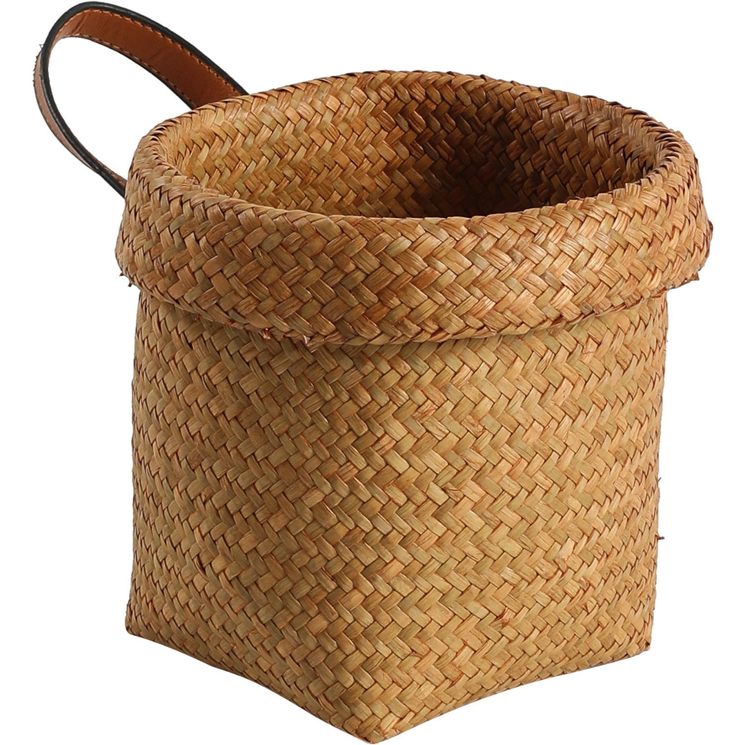 Handwoven Natural Storage Bin with Leather Trim Kalsten