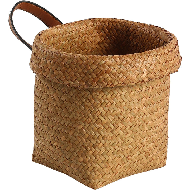 Handwoven Natural Storage Bin with Leather Trim Kalsten