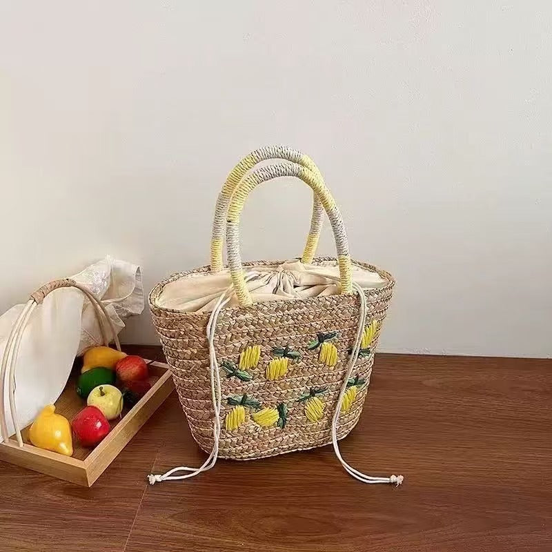 Spacious straw bag with lemon embroidery Kalsten