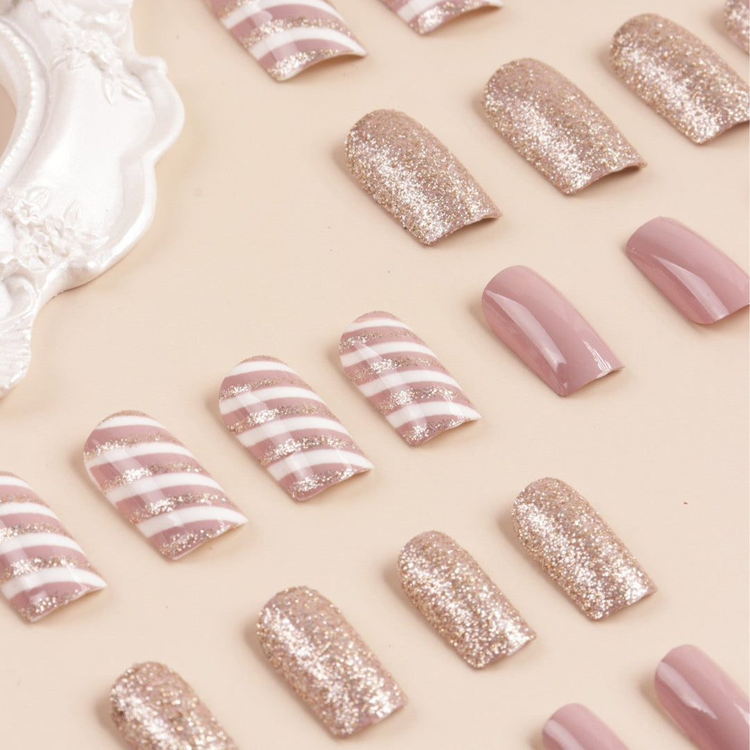 Glamorous Glitter and Striped Press-On Nail Art Kalsten