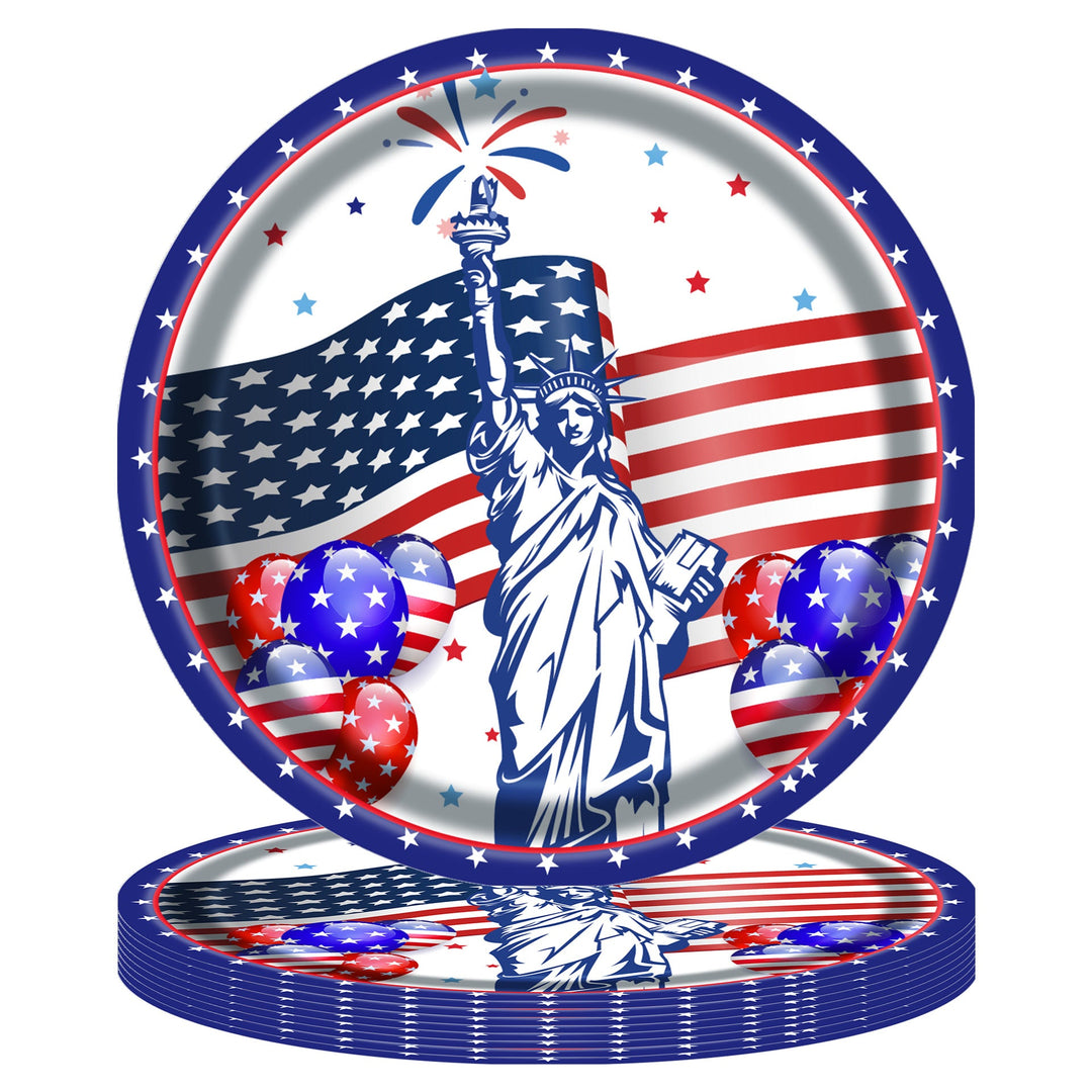 Unisex disposable paper plate with patriotic Statue of Liberty and stars and stripes design, sturdy wide rim Kalsten