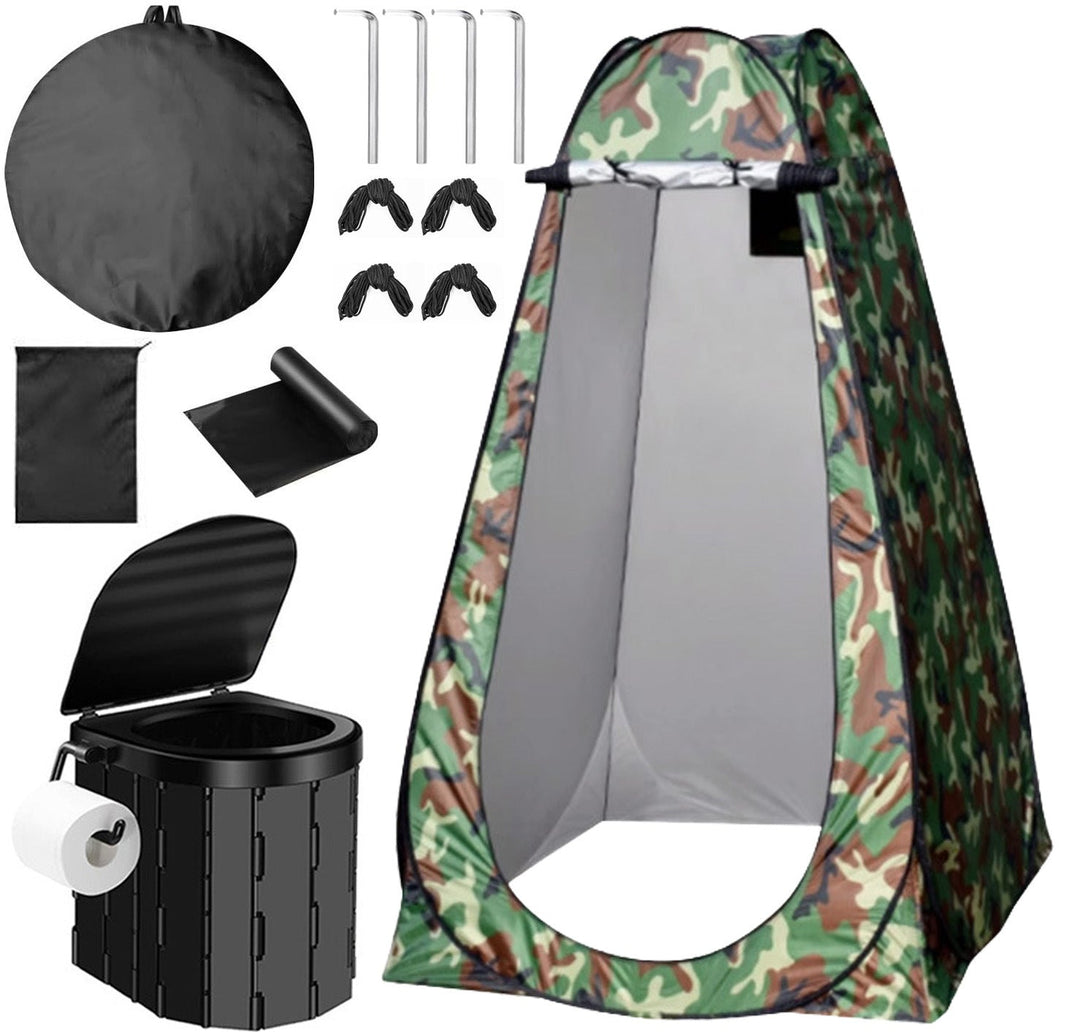 Portable pop-up privacy tent and collapsible camping toilet kit with full accessory set Kalsten