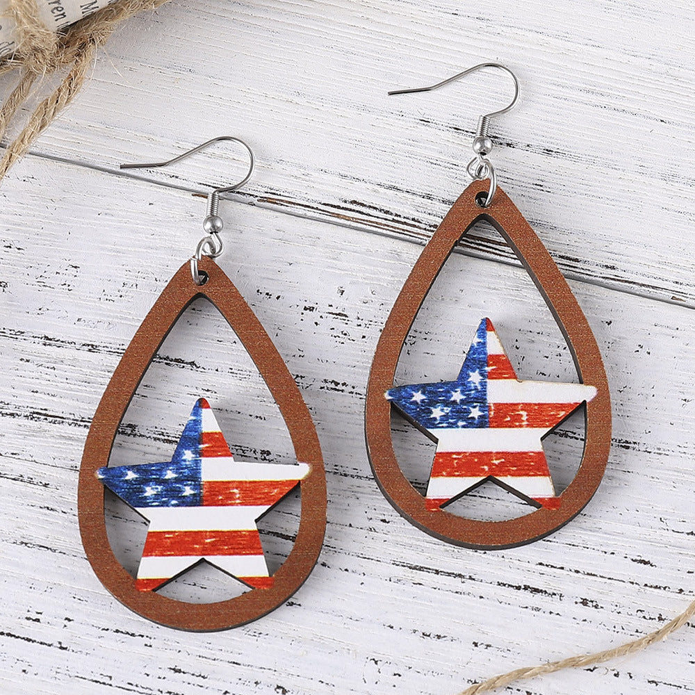 Women's nan patriotic teardrop wooden dangle earrings with star stripe cutout Kalsten
