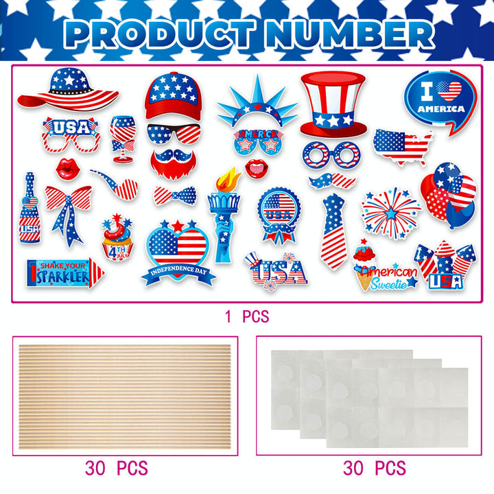 Independence Day Patriotic Photobooth Prop Sticker Kit with Wooden Sticks and Removable Adhesive Dots Kalsten