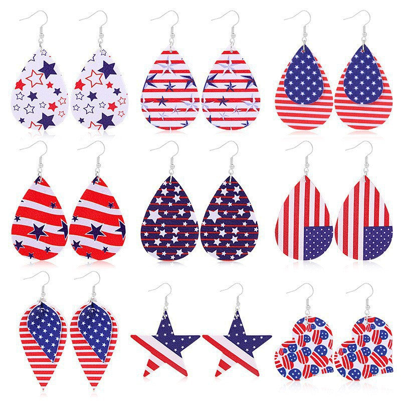Women heart-shaped drop earrings with patriotic flag print and nickel-free hooks Kalsten