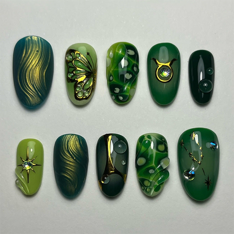 Artistic Press-On Nail Art Set with Emerald and Gold Designs Acalora