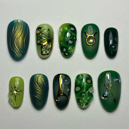 Artistic Press-On Nail Art Set with Emerald and Gold Designs Acalora